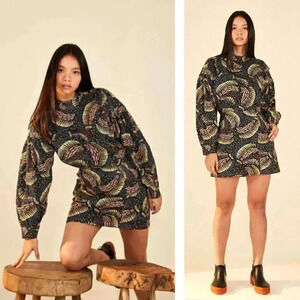 NEW FARM Rio Black Wild Bananas Gabardine Mini Dress Tropical Bohemian Statement